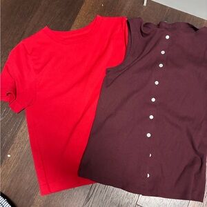 Red Short-Sleeve SeamlessTee and Dark Burgundy Button-Back Tank Top